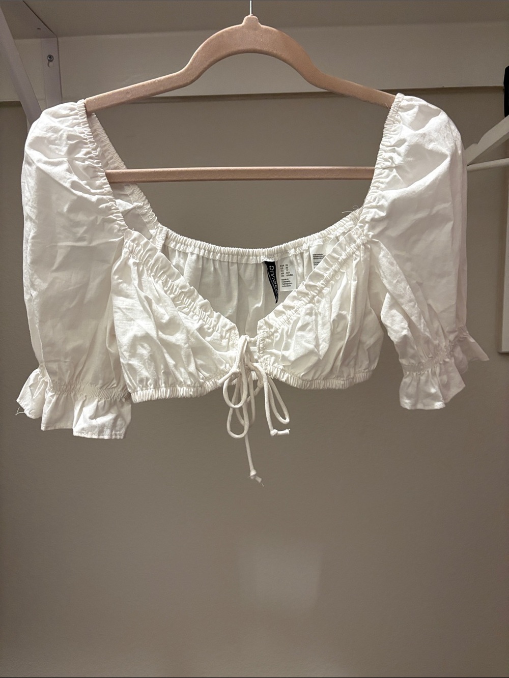 H&M White Cropped Puff-Sleeve Tie-Front Top